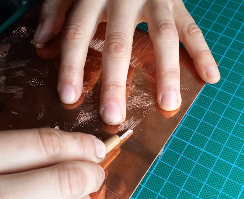 gravure au burin sur plaque de cuivre, Catherine Gillet